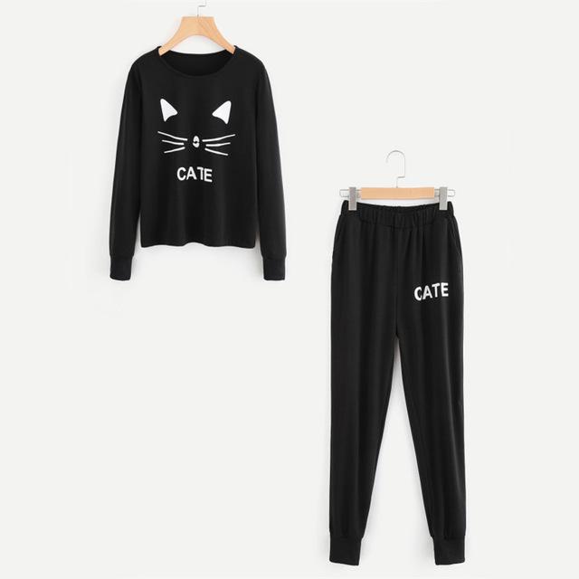 Cat Print Pullover & Sweatpants Set