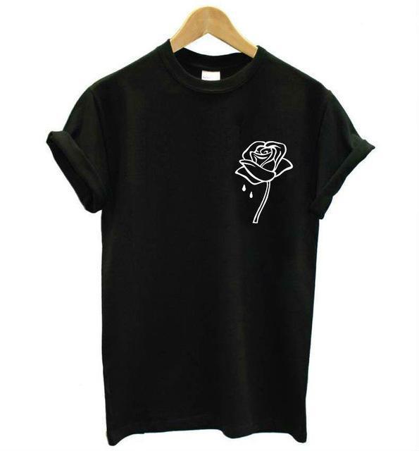 Rose Flower Pocket Print Women Cotton Tshirt
