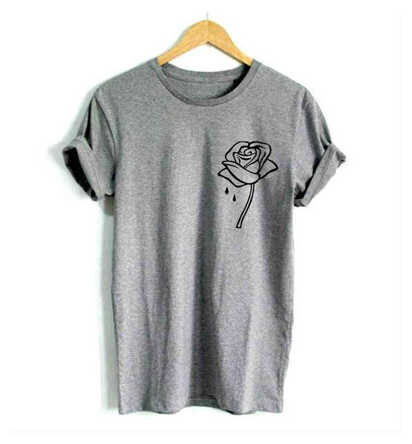 Rose Flower Pocket Print Women Cotton Tshirt