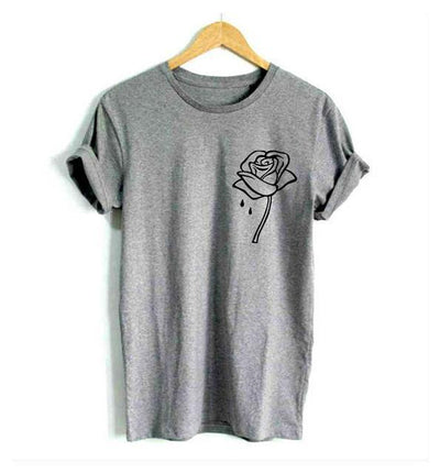 Rose Flower Pocket Print Women Cotton Tshirt