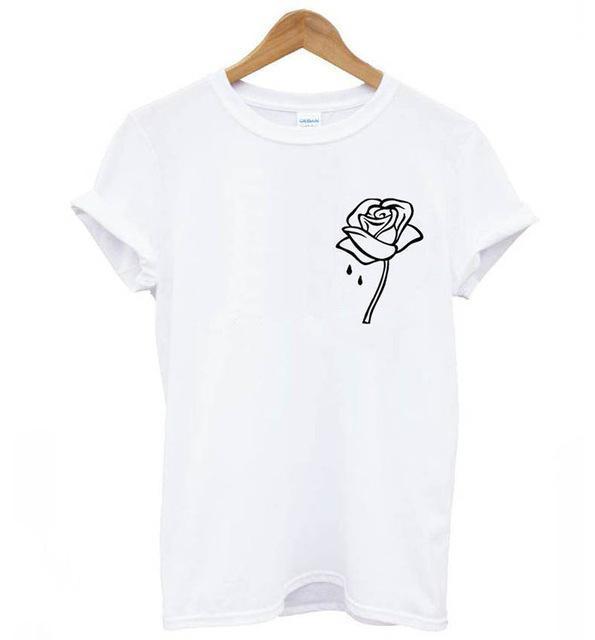 Rose Flower Pocket Print Women Cotton Tshirt