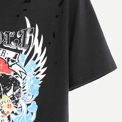 Skull Pattern Round Neck Short Sleeve Ripped T-shirt