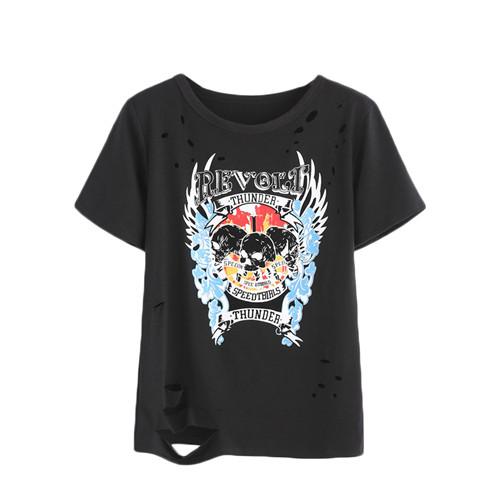 Skull Pattern Round Neck Short Sleeve Ripped T-shirt