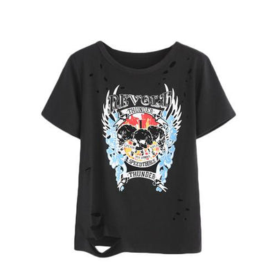 Skull Pattern Round Neck Short Sleeve Ripped T-shirt