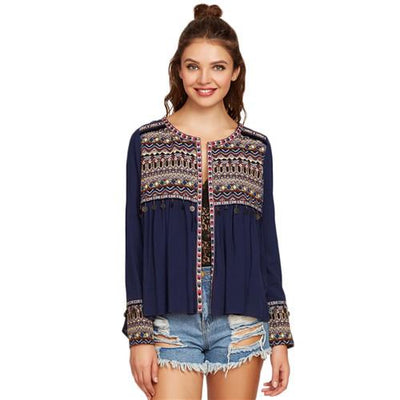 Embroidered Yoke and Cuff Coin Fringe Trim Vintage Blouse