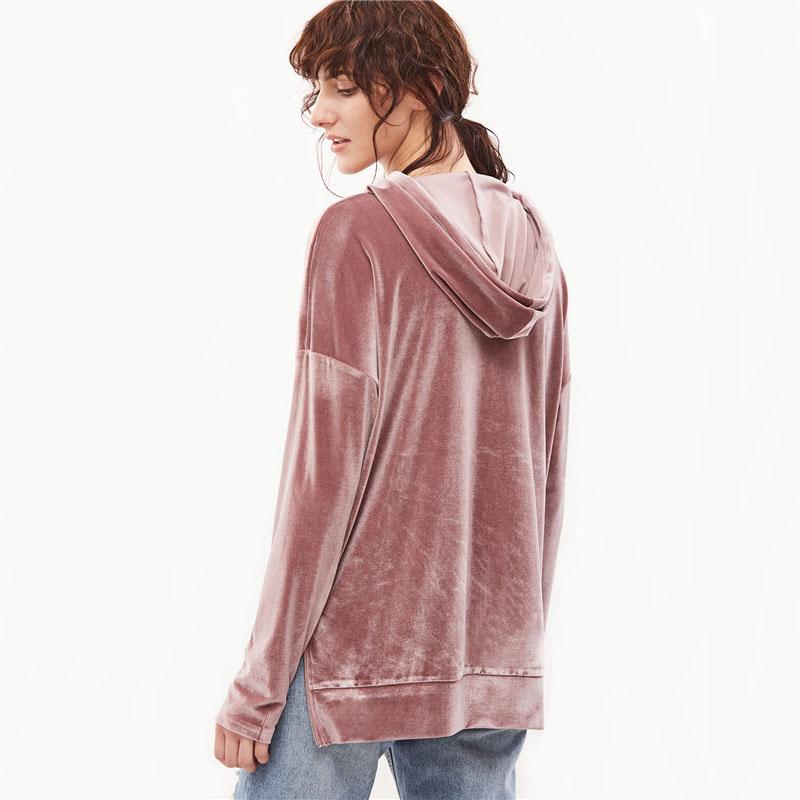 Pink Drop Shoulder Zip Slit Side Velvet Hoodie Sweatshirt