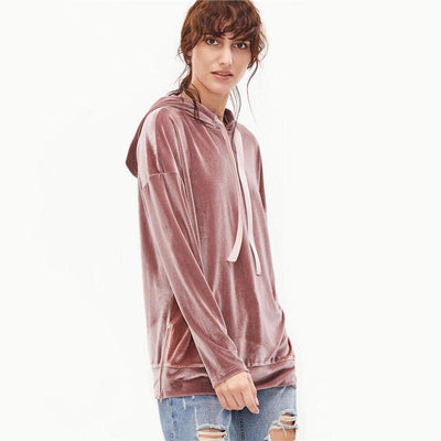 Pink Drop Shoulder Zip Slit Side Velvet Hoodie Sweatshirt