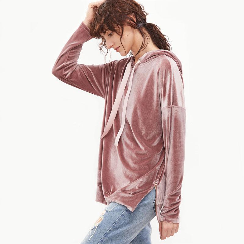 Pink Drop Shoulder Zip Slit Side Velvet Hoodie Sweatshirt