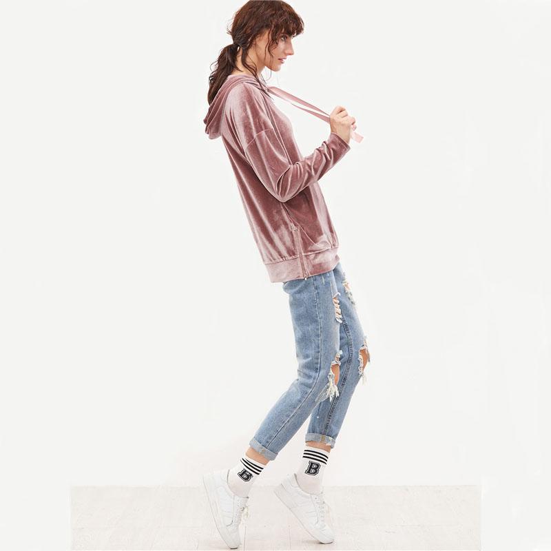 Pink Drop Shoulder Zip Slit Side Velvet Hoodie Sweatshirt