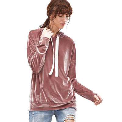 Pink Drop Shoulder Zip Slit Side Velvet Hoodie Sweatshirt