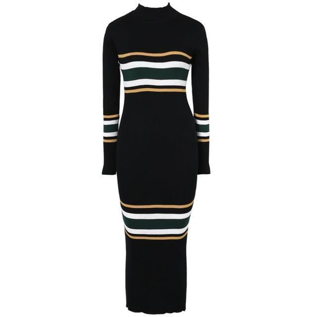 O-Neck Long Sleeve Street Wear Bodycon Sexy Mid-Calf Dress