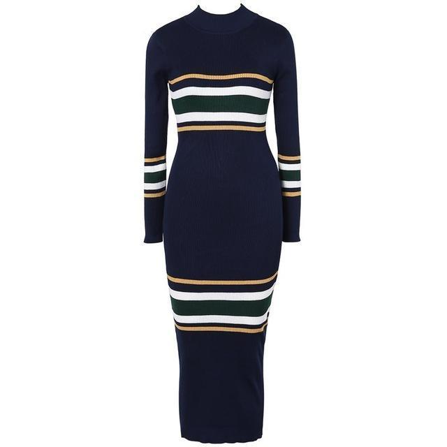 O-Neck Long Sleeve Street Wear Bodycon Sexy Mid-Calf Dress