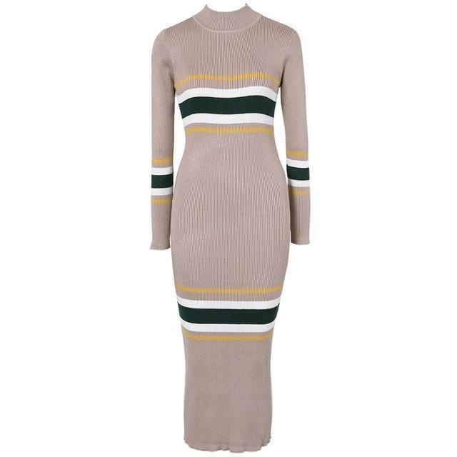 O-Neck Long Sleeve Street Wear Bodycon Sexy Mid-Calf Dress