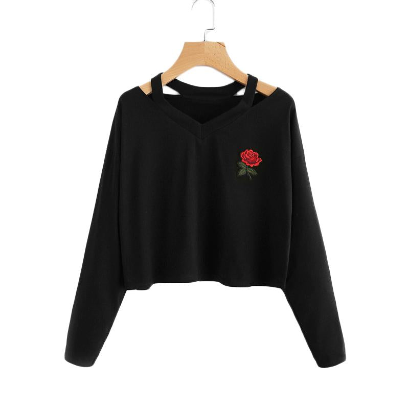 Rose Patch Long Sleeve Embroidery Casual Tops
