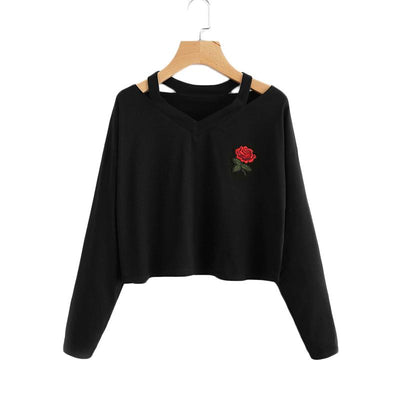 Rose Patch Long Sleeve Embroidery Casual Tops