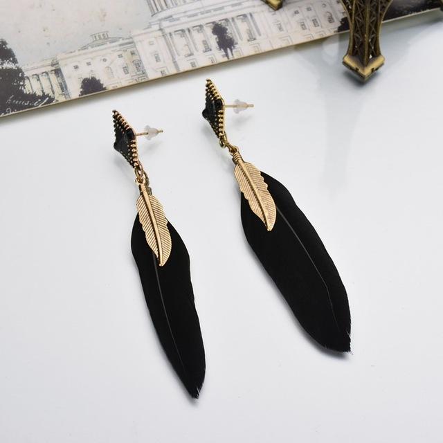 Alloy Leaf Black Feather Earrings