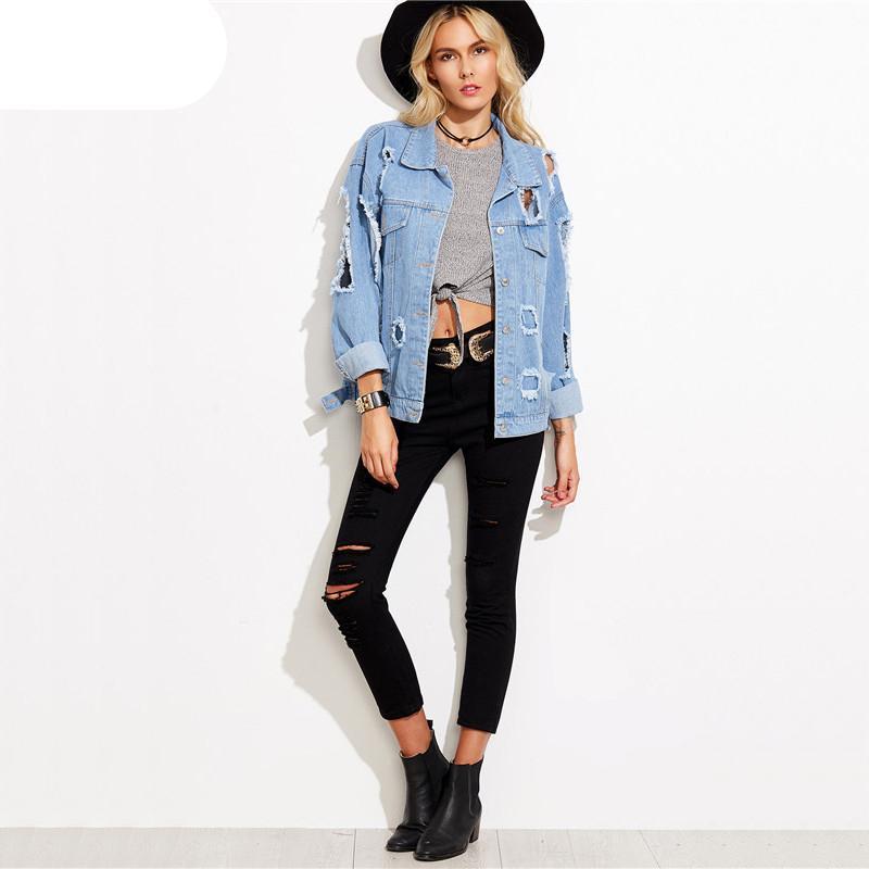 Women Blue Lapel Long Sleeve Single Denim Jacket