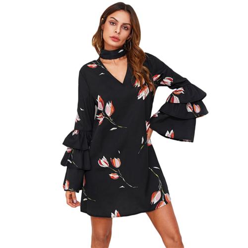 Neck Layered Flare Sleeve A Line Dress