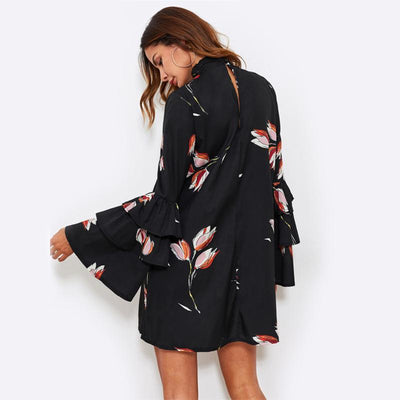 Neck Layered Flare Sleeve A Line Dress
