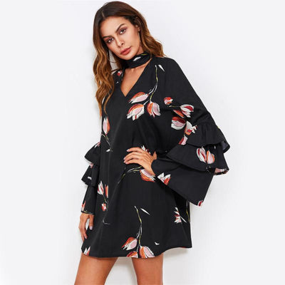 Neck Layered Flare Sleeve A Line Dress