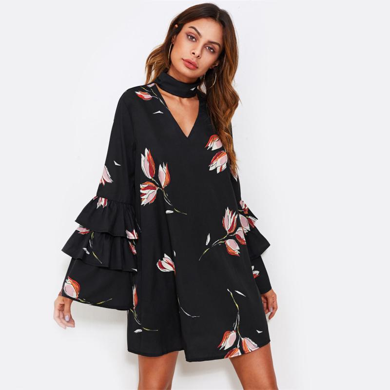 Neck Layered Flare Sleeve A Line Dress