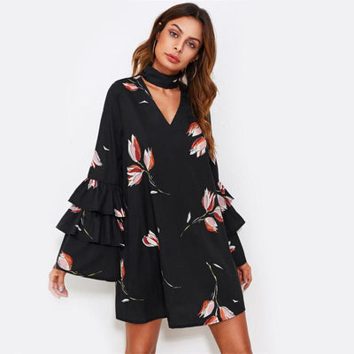Neck Layered Flare Sleeve A Line Dress