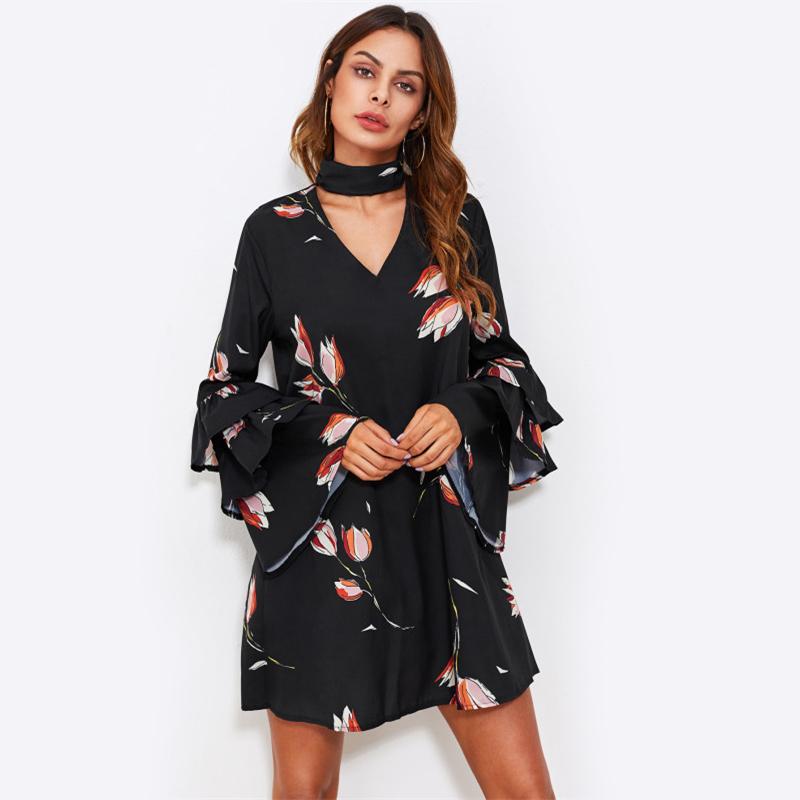 Neck Layered Flare Sleeve A Line Dress