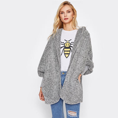 Wide Cuff Hooded Dolman Sleeve Fluffy Outerwear