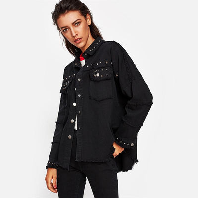 Studded Frayed Hem Denim Jacket