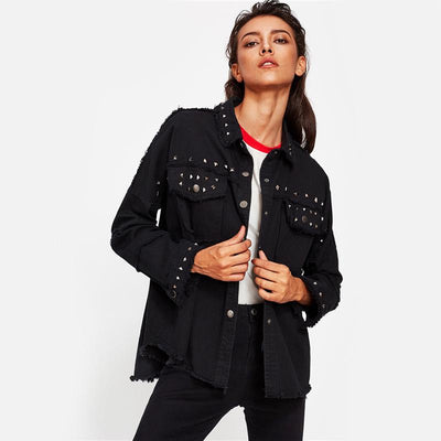 Studded Frayed Hem Denim Jacket