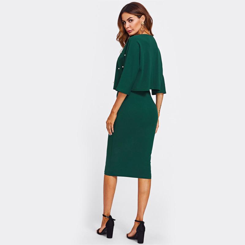 Solid Green Half Sleeve Knee Length Sheath Two Piece