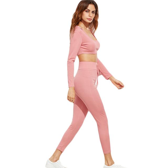 Pink Crop Hooded Top Drawstring Waist Clothes Sets