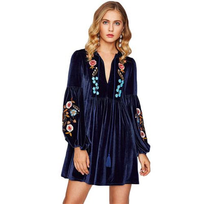 Long Sleeve V Neck A Line Embroidery Dress