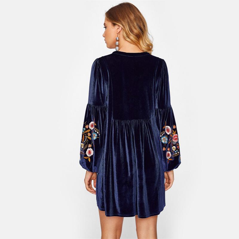 Long Sleeve V Neck A Line Embroidery Dress