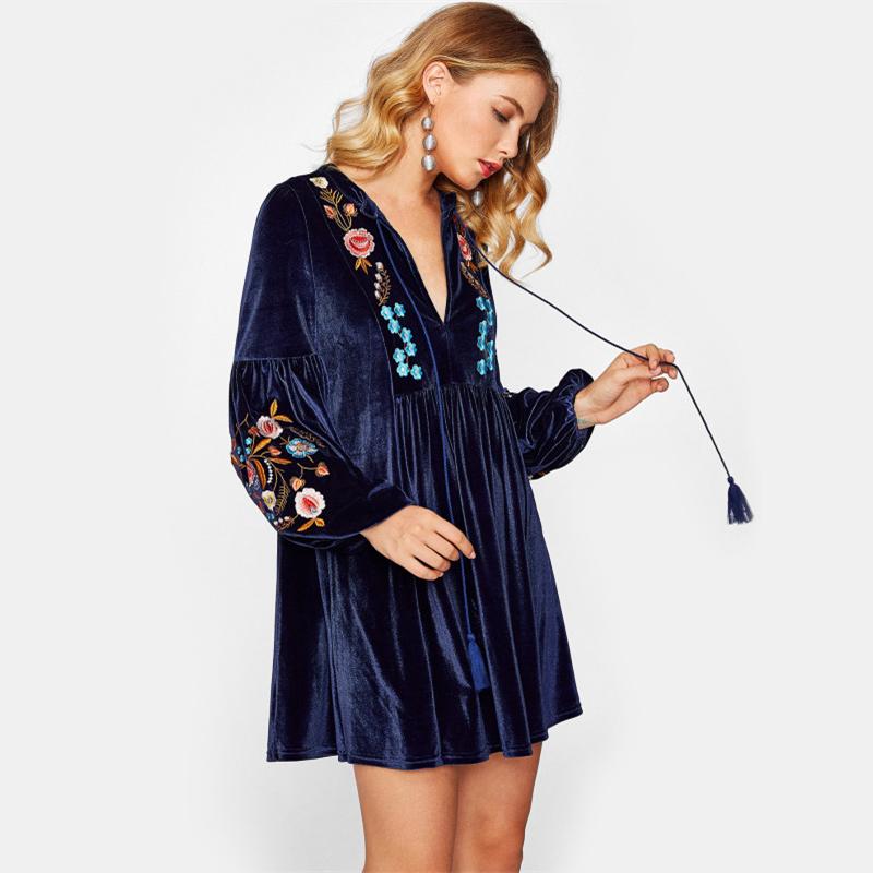 Long Sleeve V Neck A Line Embroidery Dress