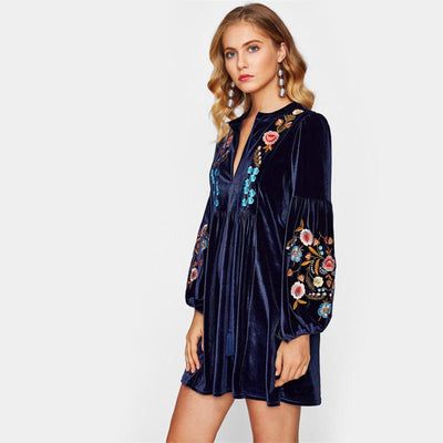 Long Sleeve V Neck A Line Embroidery Dress