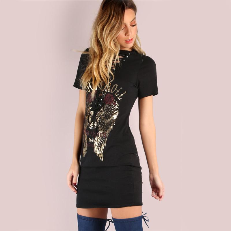 Rock and Roll Print Black Summer Deep V Neck Casual Tee