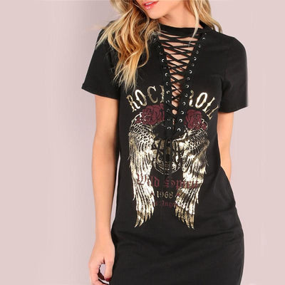 Rock and Roll Print Black Summer Deep V Neck Casual Tee