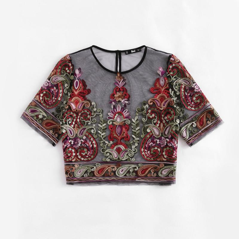 Flower Embroidery Short Sleeve Mesh Blouse