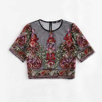 Flower Embroidery Short Sleeve Mesh Blouse