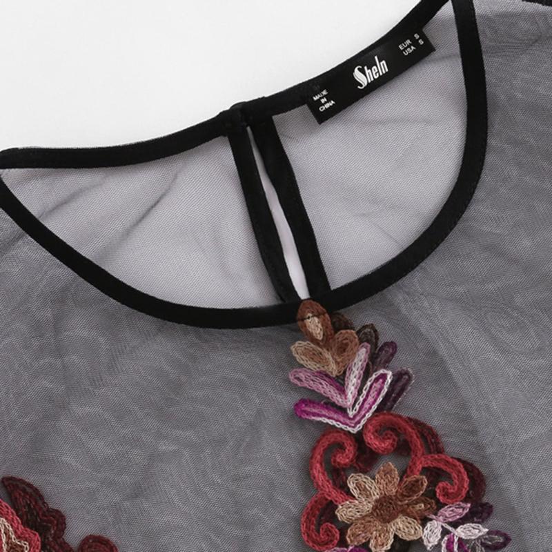 Flower Embroidery Short Sleeve Mesh Blouse