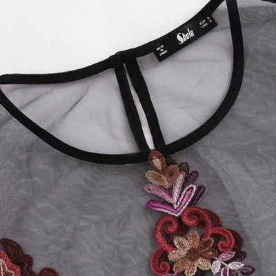 Flower Embroidery Short Sleeve Mesh Blouse