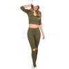 Army Green Long Sleeve Hooded T-shirt With Cutout Pants