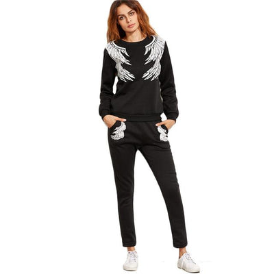 Black Angel Wings Print Sweatshirt With Pants