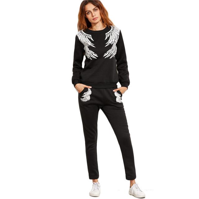 Black Angel Wings Print Sweatshirt With Pants