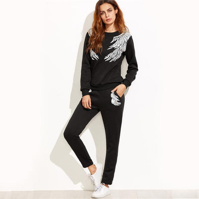 Black Angel Wings Print Sweatshirt With Pants