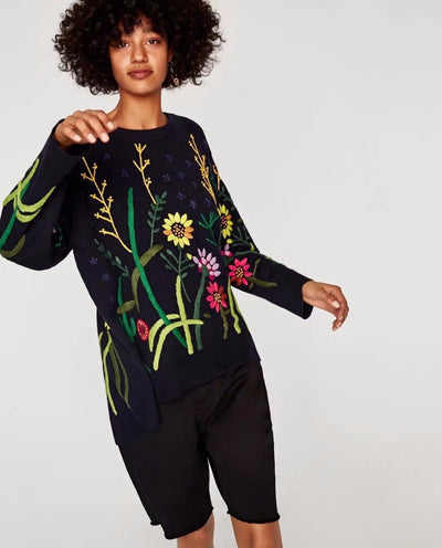 High Street Embroidery O-neck Loose Sweater