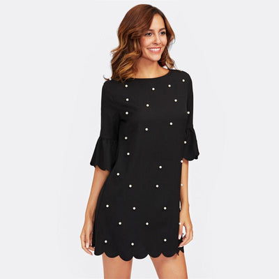 Trumpet Sleeve Pearl Beading Scalloped Dress