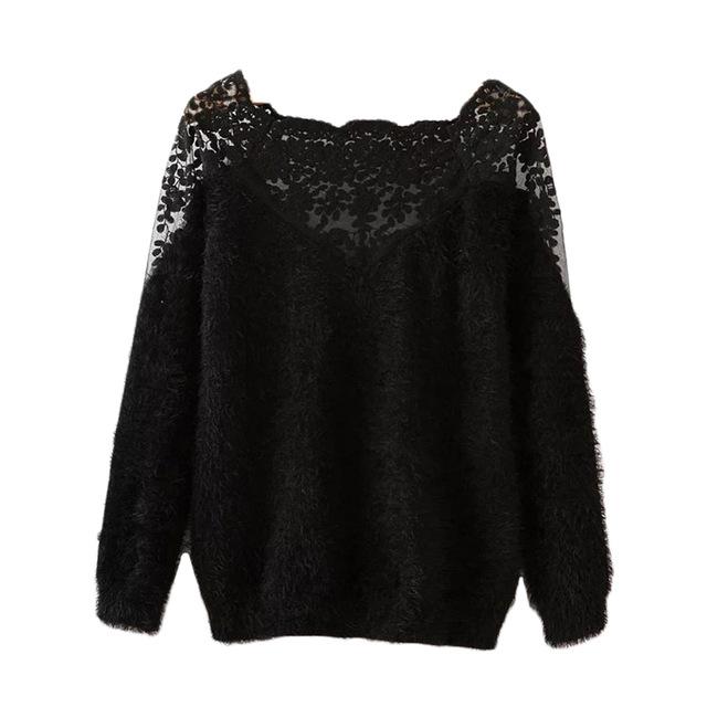Lace Insert Boat Neck Long Sleeve Sweater