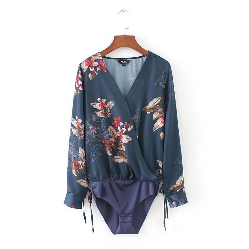 Sexy Deep V Neck Floral Print Bodysuit Shirt